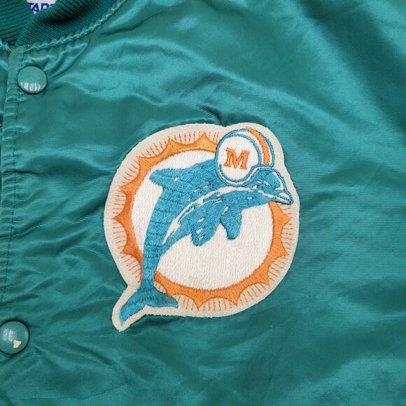 Vintage 90s Miami Dolphins Varsity Jacket Large 24x25 Cropped Baggy Satin - Picture 3 of 14